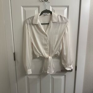 Express White/Ivory Button-Down Tie Front Shirt